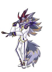  bael_(tas) candyshybat canid canine canis clothing demon eyewear glasses hair hi_res horn jackal lifewonders male mammal mane mane_hair red_eyes riding_crop solo suit tokyo_afterschool_summoners whip 