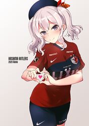  alternate_costume commentary_request copyright_name cowboy_shot female fujii_jun gradient_background grey_background grey_eyes grey_hair heart heart_hands j._league kantai_collection kashima_(kancolle) kashima_antlers looking_at_viewer name_connection nike_(company) red_shirt shirt shorts sidelocks smile soccer_uniform solo sportswear twintails wavy_hair 