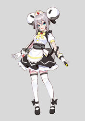  absurdres android apron arknights blue_eyes double_bun female first_aid_kit full_body grey_background grey_hair hair_bun hat highres lancet-2_(arknights) mecha_musume muji_(majunduo) nurse nurse_cap personification shoes skirt solo thighhighs 