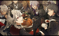  5boys alternate_hairstyle blonde_hair braid cake claw_pose cup dark-skinned_male dark_skin demon_horns ear_piercing ex_albio feline food fruit fur_collar fuwa_minato grey_eyes halloween_costume holding holding_cup holding_plate horns ibrahim_(nijisanji) kanae_(nijisanji) kiragera kuzuha_(nijisanji) lemon lemon_slice long_hair long_sleeves looking_at_another looking_at_viewer low_ponytail male_focus mole mole_under_eye multicolored_hair multiple_boys nijisanji piercing pink_hair plate pointy_ears purple_eyes purple_hair red_eyes sharp_teeth short_hair single_braid smile streaked_hair tail teacup teeth vampire virtual_youtuber wolf_tail yellow_eyes 