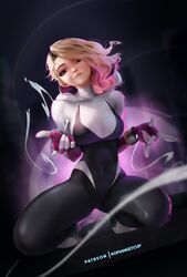  blonde_hair blue_eyes bodysuit breasts eyebrow_piercing female gradient_hair gwen_stacy head_tilt highres hood hood_down hooded_bodysuit kopianget looking_at_viewer marvel medium_breasts multicolored_hair piercing pink_hair short_hair silk spider-gwen spider-man:_into_the_spider-verse spider-man_(series) spider-verse spider_web_print squatting two-tone_bodysuit 