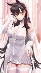  animal_ears atago_(azur_lane) atago_(lily-white_vow)_(azur_lane) azur_lane bad_id bad_pixiv_id bare_shoulders black_hair blush breasts bridal_veil bride cafenami cleavage commentary dress elbow_gloves extra_ears female garter_straps gloves highres jewelry large_breasts long_hair looking_at_viewer mole mole_under_eye official_alternate_costume ornate_ring ring smile solo swept_bangs thighhighs veil wedding_dress wedding_ring white_dress zettai_ryouiki 