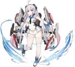  ahoge azur_lane blue_eyes blush breasts detached_sleeves female full_body grey_hair halsey_powell_(azur_lane) highres long_hair multicolored_hair official_alternate_costume official_art pink_hair rain_lan rigging sideboob solo thighhighs torpedo_tubes transparent_background weapon white_thighhighs 