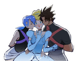  1boy 2girls aqua_(kingdom_hearts) arm_around_waist bisexual_female blonde_hair blue_eyes blue_hair blush brown_hair cinderella cinderella_(disney) closed_eyes double_cheek_kiss dress highres kingdom_hearts kingdom_hearts_birth_by_sleep kissing kissing_cheek kwoojii looking_at_viewer multiple_girls simple_background sleeveless straight surprised terra_(kingdom_hearts) upper_body 