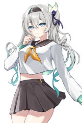  absurdres alternate_costume black_hairband black_skirt breasts closed_mouth cowboy_shot female firefly_(honkai:_star_rail) grey_hair hair_between_eyes hair_ornament hair_ribbon hairband highres honkai:_star_rail honkai_(series) long_hair long_sleeves looking_at_viewer medium_breasts neckerchief orange_neckerchief pleated_skirt raku_(clearpage) ribbon sailor_collar school_uniform serafuku skirt smile solo standing two-tone_eyes white_background 