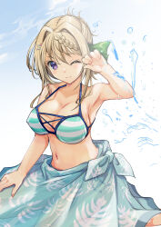  absurdres bikini blonde_hair blue_sarong braid braided_bangs breasts cleavage female hair_intakes highres kantai_collection large_breasts leaf_print one_eye_closed perth_(kancolle) perth_(swimsuit_mode)_(kancolle) purple_eyes sarong short_hair solo striped_bikini striped_clothes swimsuit water yashin_(yasinz) 