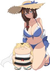  2girls bikini bikini_skirt black_bikini blue_bikini blue_eyes braid breasts brown_hair brown_hat chibi front-tie_bikini_top front-tie_top hair_flaps hair_over_shoulder hat highres kantai_collection kloah large_breasts long_hair multiple_girls official_alternate_costume sandals scarf shigure_(kancolle) shigure_kai_san_(kancolle) shigure_kai_san_(swimsuit)_(kancolle) side-tie_bikini_bottom simple_background single_braid straw_hat sun_hat swimsuit white_background white_scarf yuudachi_(kancolle) yuudachi_kai_ni_(kancolle) yuudachi_kai_ni_(swimsuit)_(kancolle) 