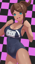  :d absurdres asahina_aoi black_background black_one-piece_swimsuit breasts brown_hair collarbone covered_navel cowboy_shot danganronpa:_trigger_happy_havoc danganronpa_(series) dark-skinned_female dark_skin female green_eyes highres looking_at_viewer one-piece_swimsuit open_mouth pink_background rizzy school_swimsuit shiny_skin short_hair smile solo swimsuit teeth upper_teeth_only 