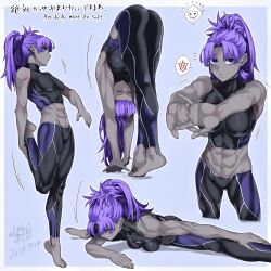  abs absurdres assassin_(fate/zero) barefoot blue_background blue_eyes breasts closed_eyes colored_skin dated fate/grand_order fate/zero fate_(series) female female_assassin_(fate/zero) flexible grey_skin highres leaning_forward looking_at_viewer medium_breasts muscular muscular_female navel purple_hair shin_(ultramarine430) split standing standing_on_one_leg stretching 