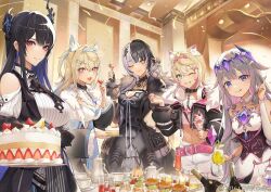  5girls animal_ears black_hair blonde_hair blue_hair breasts cleavage colored_inner_hair demon_horns dog_ears dog_girl fuwawa_abyssgard fuwawa_abyssgard_(1st_costume) grey_hair hair_ornament holoadvent hololive hololive_english horns koseki_bijou koseki_bijou_(1st_costume) large_breasts long_hair marumoru medium_breasts mococo_abyssgard mococo_abyssgard_(1st_costume) multicolored_hair multiple_girls nerissa_ravencroft nerissa_ravencroft_(1st_costume) official_art pink_hair red_eyes shiori_novella shiori_novella_(1st_costume) siblings sisters smile split-color_hair streaked_hair twins virtual_youtuber 