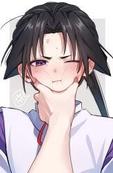  &gt;:( anger_vein annoyed black_hair blush cheek_squash furrowed_brow hand_on_another&#039;s_chin highres houjou_tokiyuki_(nige_jouzu_no_wakagimi) japanese_clothes kariginu male_focus ni_gate nige_jouzu_no_wakagimi one_eye_closed parted_bangs ponytail pout pov pov_hands purple_eyes sidelocks_tied_back simple_background small_sweatdrop speech_bubble spoken_anger_vein v-shaped_eyebrows 