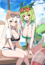  2girls absurdres ahoge animal_ears bare_arms bare_legs bare_shoulders bent_over between_legs bikini bikini_top_only black_bikini black_shorts bracelet breasts cleavage closed_mouth cloud collared_shirt commission crop_top cutoffs day dragon_horns dragon_tail dress_swimsuit eyewear_on_head food framed_breasts frilled_one-piece_swimsuit frills green_hair hand_between_legs hand_up heart heart-shaped_eyewear highres holding holding_food holding_popsicle horns innertube jewelry large_breasts micro_shorts midriff multiple_girls oerba_yun_fang one-piece_swimsuit open_fly open_mouth original outdoors popsicle red_eyes second-party_source see-through shirt short_sleeves shorts sidelocks sitting smile squirrel_ears squirrel_tail stomach string_bikini sunglasses sunlight swim_ring swimsuit tail thighs w.k white_hair white_one-piece_swimsuit white_shirt yellow_eyes 