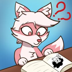  anthro arturfox book canid canine confusion fox fur hair male mammal pink_body pink_eyes solo sr_pelo_(character) white_body white_fur white_hair 