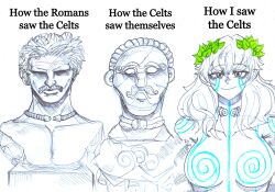  absurdres anonhistory body_markings bodypaint breasts celtic commentary english_commentary english_text facepaint female highres large_breasts laurel_crown long_hair looking_at_viewer nude original pictish_witch_(anonhistory) picts smile statue upper_body 