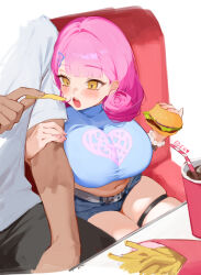  1boy blue_shorts blush breast_press breasts burger cheese denim denim_shorts eating eden_(shiroki_yuutsu) fast_food female food french_fries height_difference holding holding_burger holding_food large_breasts lettuce navel original pink_hair sesame_seeds short_shorts shorts size_difference soda straight vanilla_(eden_(shiroki_yuutsu)) yellow_eyes 