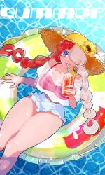  artist_name braided_twintails commentary_request cup dated drinking_straw earrings female flower from_above hair_over_one_eye hat heart_blody highres holding holding_cup innertube jewelry one_piece one_piece_film:_red pool purple_eyes red_hair see-through see-through_shirt shirt shorts smile solo straw_hat sunflower swim_ring twintails uta_(one_piece) white_hair 