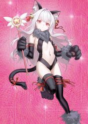  absurdres animal_ear_fluff animal_ears animal_hands bare_shoulders bell black_gloves black_leotard black_thighhighs breasts cat_ears cat_tail center_opening clara_(honkai:_star_rail) cosplay elbow_gloves fake_animal_ears fate/kaleid_liner_prisma_illya fate_(series) female fur_collar gloves hair_ribbon highres honkai:_star_rail honkai_(series) illyasviel_von_einzbern illyasviel_von_einzbern_(beast_style) illyasviel_von_einzbern_(beast_style)_(cosplay) jingle_bell kaleidostick kashiwamo leotard long_hair looking_at_viewer magical_ruby navel paw_gloves paw_shoes pink_eyes ribbon sidelocks small_breasts sparkle tail thighhighs wand white_hair 