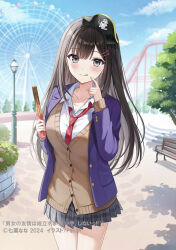  :q artist_name bench blue_sky blush breasts brown_cardigan cardigan cleavage collarbone collared_shirt commentary_request copyright_name copyright_notice cowboy_shot danjo_no_yuujou_wa_seiritsu_suru? day diagonal-striped_clothes diagonal-striped_necktie enomoto_rion female ferris_wheel finger_to_face food hair_ornament hairclip hat highres holding holding_food jacket lamppost lapels large_breasts long_hair looking_at_viewer necktie notched_lapels novel_illustration official_art outdoors parum39 pirate_hat plaid_clothes plaid_skirt pleated_skirt purple_jacket red_necktie school_uniform second-party_source shiny_skin shirt skirt sky smile solo standing striped_clothes tongue tongue_out tree tree_shade white_shirt wing_collar 