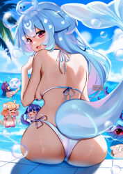  4girls :3 :d =_= akuma_nihmune alheitrakzoth animal_ears ass bao_(vtuber) bare_shoulders bikini blue_hair blue_sky cat_ears cloud day english_commentary facial_mark hand_up highres indie_virtual_youtuber long_hair looking_at_viewer multicolored_hair multiple_girls open_mouth outdoors pink_eyes pink_hair pokatto_(squchan) purple_hair shylily shyrei_faolan sitting sky smile squchan streaked_hair swimsuit tail very_long_hair whisker_markings white_hair 