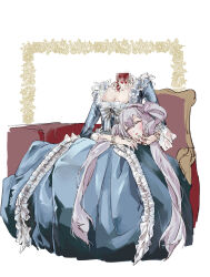  2024_summer_olympics blood blood_on_clothes blood_on_hands blue_dress blush border breasts censored chair cleavage closed_eyes disembodied_head dress fate/grand_order fate_(series) female frilled_dress frills full_body headless highres historical_name_connection holding_head jewelry long_hair long_sleeves marie_antoinette_(fate) medium_breasts memo_xx mosaic_censoring name_connection necklace olympics on_chair ornate_border parody pearl_necklace ribbon severed_head simple_background sitting solo striped_ribbon twintails very_long_hair white_background white_hair 