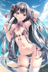  absurdres bikini black_bikini black_hair blue_sky blush breasts cloud commentary day female food highres holding holding_food holding_popsicle long_hair looking_at_viewer navel ocean open_mouth original outdoors popsicle purple_eyes ryo_(botugo) side-tie_bikini_bottom single_thighhigh sky small_breasts smile solo swimsuit tassel thigh_strap thighhighs very_long_hair water wet 