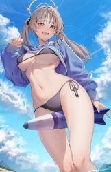  amagimei between_legs bikini black_bikini black_bikini_bottom blue_archive blue_hoodie brown_hair clothes_lift crop_top cropped_hoodie female green_halo halo highres hood hoodie hoodie_lift inflatable_torpedo lifting_own_clothes looking_at_viewer moe_(blue_archive) moe_(swimsuit)_(blue_archive) navel official_alternate_costume side-tie_bikini_bottom smile sweater sweater_lift swimsuit twintails yellow_halo 