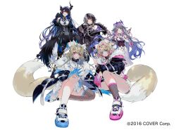  5girls animal_ears asymmetrical_horns bandaid bandaid_hair_ornament black_hair blonde_hair blue_hair breasts cleavage colored_inner_animal_ears colored_inner_hair crystal_horns demon_horns dog_ears dog_girl dog_tail frown full_body fuwawa_abyssgard fuwawa_abyssgard_(1st_costume) grey_hair hair_ornament headband highres holoadvent hololive hololive_english horns jewel_under_eye koseki_bijou koseki_bijou_(1st_costume) long_hair mococo_abyssgard mococo_abyssgard_(1st_costume) multicolored_hair multiple_girls nekoyama_iori nerissa_ravencroft nerissa_ravencroft_(1st_costume) official_art pink_hair pink_headband red_eyes serious shiori_novella shiori_novella_(1st_costume) siblings simple_background sisters split-color_hair streaked_hair tail twins uneven_horns virtual_youtuber white_background 