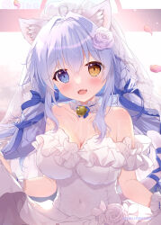  :3 :d ahoge animal_ear_fluff animal_ears bare_shoulders bell blue_bow blue_eyes blue_hair blue_ribbon blush bow braid breasts bridal_veil bride brown_eyes cat_ears cat_girl cat_tail choker cleavage collarbone colored_eyelashes commentary covered_navel dress dress_flower falling_petals female flower frilled_choker frilled_dress frilled_wrist_cuffs frills hair_between_eyes hair_flower hair_intakes hair_ornament hair_ribbon hairbow happy heterochromia highres jingle_bell large_breasts long_hair looking_at_viewer low_twintails melonbooks mikeou neck_bell oerba_yun_fang off-shoulder_dress off_shoulder open_mouth original petals ribbon rose sample_watermark sidelocks simple_background single_braid skirt_hold smile solo tail tail_ornament tail_raised tail_ribbon twintails twitter_username upper_body veil watermark wedding_dress white_background white_dress white_flower white_rose wrist_cuffs 