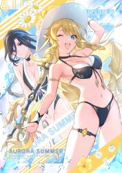  2girls ;d axe bikini black_bikini black_choker black_hair blonde_hair blue_eyes breasts choker cleavage clorinde_(genshin_impact) cowboy_shot drill_hair genshin_impact halterneck hat highres lllkalllwalll looking_at_viewer medium_breasts multiple_girls navel navia_(genshin_impact) one_eye_closed open_mouth purple_eyes smile standing stomach string_bikini swimsuit thigh_strap verdict_(genshin_impact) weapon white_hat 