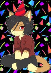  anthro biped black_hair brown_body brown_fur clothed clothing countershade_face countershade_fur countershading dipstick_tail domestic_cat felid feline felis fur hair hat headgear headwear hi_res male mammal markings munkeesgomu munks_(munkeesgomu) one_eye_closed party_hat red_eyes smile solo tail tail_markings 