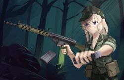  absurdres ammunition_pouch battle_rifle belt blonde_hair breasts brown_belt bush camouflage camouflage_headwear cleavage cross cross_necklace female forest g3_(girls&#039;_frontline) gewehrbroker girls&#039;_frontline green_shirt gun h&amp;k_g3 highres jewelry jungle light_smile long_hair magazine_(weapon) nature necklace pouch purple_eyes reloading rifle shirt sleeves_rolled_up tree trigger_discipline upper_body weapon 