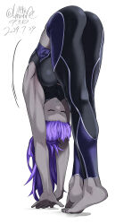  abs absurdres ass assassin_(fate/zero) barefoot breasts closed_eyes colored_skin dated fate/grand_order fate/zero fate_(series) female female_assassin_(fate/zero) flexible full_body grey_skin highres leaning_forward medium_breasts muscular muscular_female purple_hair shin_(ultramarine430) solo standing stretching white_background 