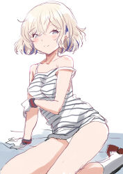  blonde_hair blue_hair camisole colored_inner_hair commentary_request female fuji_(pixiv24804665) gloire_(kancolle) gloves grey_eyes highres kantai_collection multicolored_hair panties short_hair simple_background sitting solo striped_camisole underwear white_background white_camisole white_gloves white_panties yokozuwari 