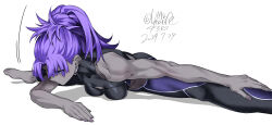  assassin_(fate/zero) barefoot blue_eyes breasts colored_skin dated fate/grand_order fate/zero fate_(series) female female_assassin_(fate/zero) flexible grey_skin highres leaning_forward medium_breasts muscular muscular_female purple_hair shin_(ultramarine430) solo split stretching white_background 