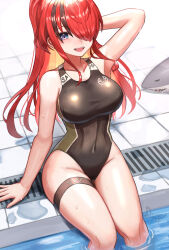  :d arm_behind_back armpits black_hair black_one-piece_swimsuit blonde_hair blue_eyes breasts brown_one-piece_swimsuit clothes_writing colored_inner_hair competition_swimsuit covered_navel devonrex female hair_over_one_eye highleg highres lain_paterson large_breasts long_hair looking_at_viewer multicolored_hair nijisanji one-piece_swimsuit ponytail poolside red_hair sitting smile soaking_feet solo streaked_hair stuffed_animal stuffed_shark stuffed_toy swimsuit thigh_strap thighs two-tone_swimsuit vent_(object) virtual_youtuber water wet 