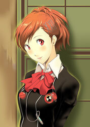  blush bow brown_hair commentary_request dark_emperor digital_media_player female gekkoukan_high_school_uniform headphones persona persona_3 persona_3_portable red_eyes school_uniform shiomi_kotone short_hair solo 