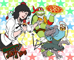  april_o&#039;neil basket beard commentary_request cosplay crossover facial_hair female food gegege_no_kitarou genjii_(touhou) genjii_(touhou)_(cosplay) hat headband holding holding_food holding_pizza master_splinter microphone nazrin nazrin_(cosplay) nezumi_otoko parody pizza raphael_(tmnt) shameimaru_aya shameimaru_aya_(cosplay) skirt sleeves_rolled_up star_(symbol) style_parody teenage_mutant_ninja_turtles tokin_hat touhou touhou_(pc-98) tsuki_kaname 