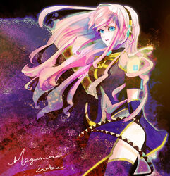  bad_id bad_pixiv_id blue_eyes detached_sleeves dress female headphones highres ihiro long_hair megurine_luka navel photoshop_(medium) pink_hair solo thighhighs vocaloid 