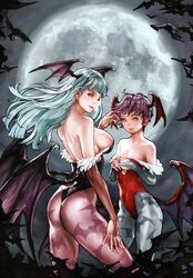  2girls absurdres adjusting_hair animal_print aqua_hair ass back backless_outfit bare_back bare_shoulders bat_(animal) bat_print bat_wings blue_legwear breasts bridal_gauntlets demon_girl fingernails flat_chest floating_hair full_moon fur-trimmed_leotard fur_trim hand_on_thigh head_wings highleg highleg_leotard highres large_breasts lee_min-piyo leotard lilith_aensland long_fingernails long_hair looking_back moon morrigan_aensland multiple_girls night night_sky official_art orange_eyes outdoors own_hands_clasped own_hands_together pantyhose pink_legwear print_pantyhose profile red_leotard short_hair siblings sideboob sisters sky smile standing thong_leotard too_many too_many_bats udon_entertainment vampire_(game) wind wings 