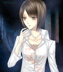  blush brown_eyes brown_hair fatal_frame fatal_frame_4 female jewelry lowres necklace short_hair solo tsukimori_madoka yusa_tk74 