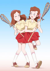  2girls bad_id bad_pixiv_id brown_hair hairband hajikko isabelle_o&#039;sullivan kneehighs lacrosse multiple_girls one_eye_closed patricia_o&#039;sullivan ponytail shoes short_sleeves siblings sisters skirt socks the_twins_of_st._clare&#039;s twins 