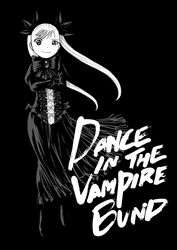  bow bowtie brooch commentary_request crossed_arms dance_in_the_vampire_bund dress female full_body greyscale jewelry long_hair long_sleeves looking_at_viewer mina_tepes monochrome smile solo tamaki_nozomu twintails 