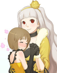  2girls beyond_the_nobles_(idolmaster) blush brown_hair closed_eyes commentary_request ebinera elbow_gloves gloves grey_hair hagiwara_yukiho hairband highres holding_hands hug idolmaster idolmaster_(classic) interlocked_fingers live_for_venus_(idolmaster) long_hair multiple_girls shijou_takane short_hair smile upper_body yellow_hairband yuri 