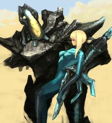  blonde_hair blue_eyes bodysuit carrying commentary female metroid metroid_prime_3:_corruption ponytail rundas sage_(mami1210) samus_aran size_difference skin_tight zero_suit 