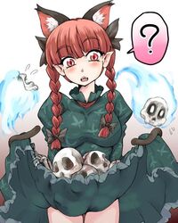  ? animal_ears braid cat_ears cat_tail commentary_request dress fangs female hair_ribbon kaenbyou_rin long_sleeves looking_at_viewer multiple_tails naui_kudan open_mouth red_eyes red_hair ribbon short_hair simple_background skirt_basket skull slit_pupils solo spoken_question_mark tail touhou twin_braids twintails 