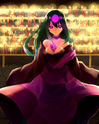  bad_id bad_pixiv_id bare_shoulders between_breasts breasts candle cleavage female green_hair katanagatari kesa kobanzame long_hair medium_breasts solo yasuri_nanami 