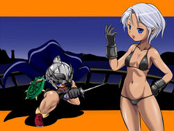  armor bikini blue_eyes commentary_request dagger dark-skinned_female dark_skin dragon_quest dragon_quest_iii female gloves helmet knife sashi short_hair silver_hair swimsuit sword thief_(dq3) weapon 