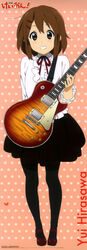  absurdres brown_eyes brown_hair female fuwafuwa_time grin guitar highres hirasawa_yui horiguchi_yukiko imageboard_desourced instrument k-on! legs non-web_source official_art pantyhose photoshop_(medium) scan short_hair smile solo stick_poster 