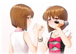  2girls blush bob_cut brown_hair commentary_request crying crying_with_eyes_open dual_persona hagiwara_yukiho idolmaster idolmaster_(classic) multiple_girls sugar_(sugarless) tears 