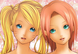  2girls bad_id bad_pixiv_id blonde_hair blue_eyes facial_mark genderswap_(mtf) green_eyes head_tilt highres ite_(harukaka) lips long_hair looking_at_viewer multiple_girls naruko_(naruto) naruto naruto_(series) naruto_shippuuden nude open_mouth pink_hair portrait rule_63 sakura_haruno sexy_no_jutsu short_hair swept_bangs twintails whisker_markings 